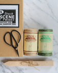 nutscene gardeners gift box with garden scissors and two twine balls, wooden seed labels packaged in a vintage style kraft box