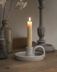 glossy poff white stonware candle holder with handle, handmade in uk