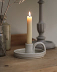 glossy poff white stonware candle holder with handle, handmade in uk