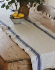 rustic linen table runner with blue stripe