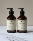 lavender hand wash and hand lotion in amber bottle