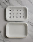 white enamel metal soap dish and drip tray