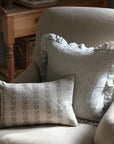 frilled linen cushion available in natural and thin black stripe line, comes with duck feather inner