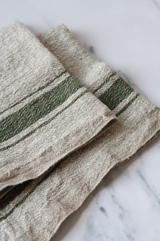 set of two linen napkins with a green stripe, french style.
