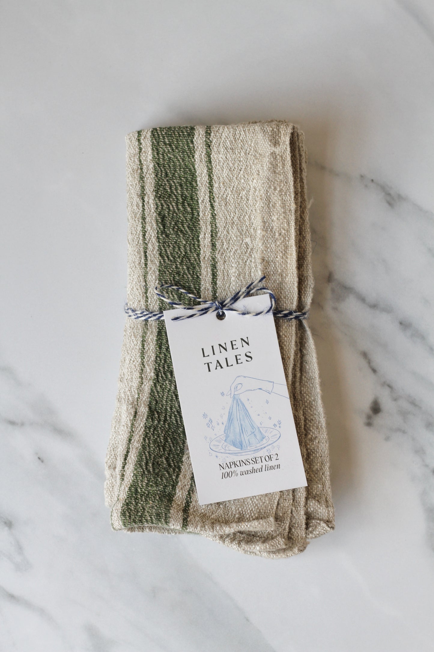 set of two linen napkins with a green stripe, french style.