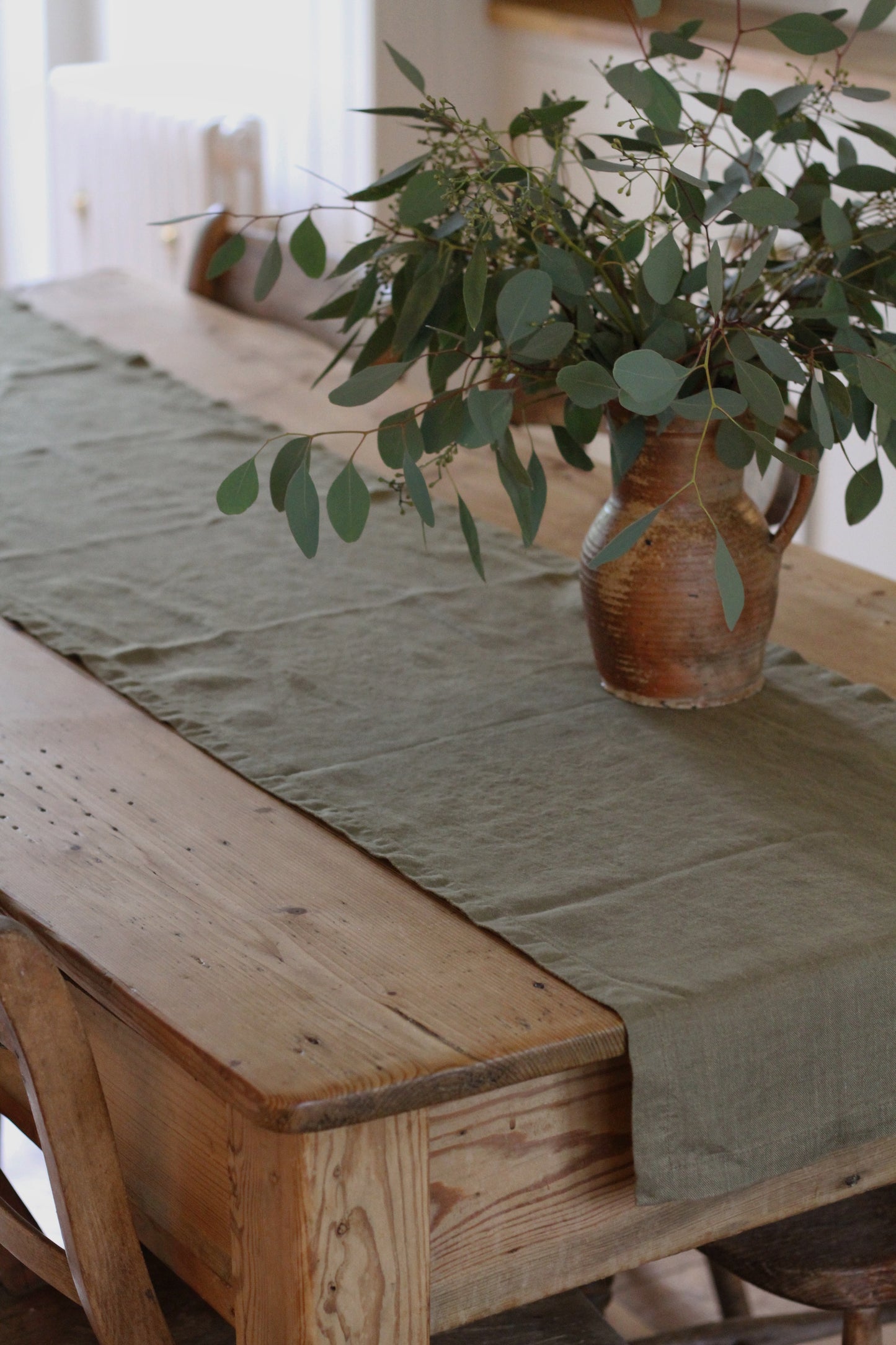 linen olive green table runner 200cm long