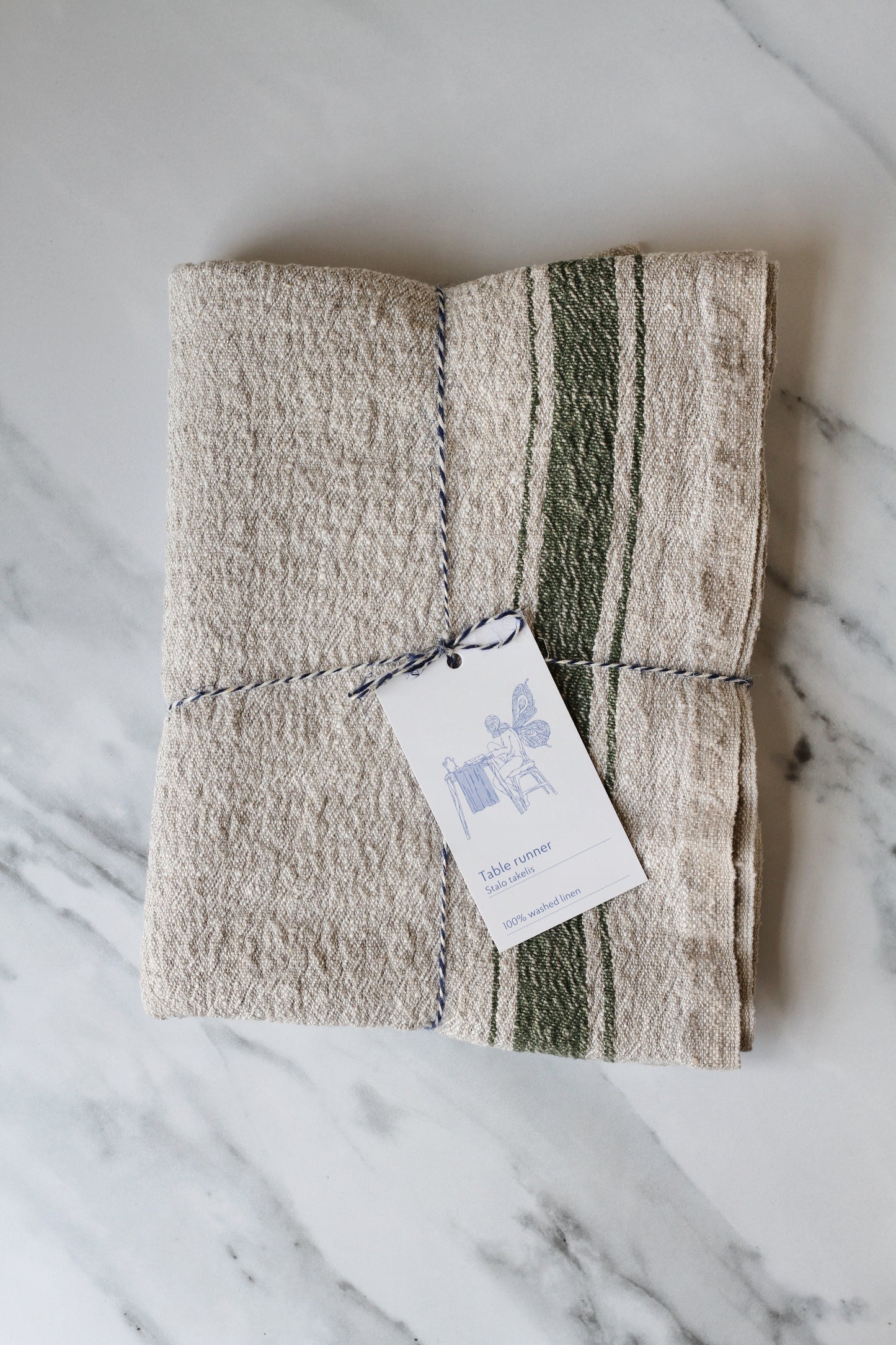 Rustic linen table runner in beige with a french style green stripe