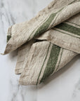 set of two linen napkins with a green stripe, french style.