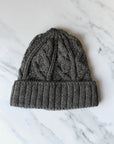 aran merino wool hat with a diamond stitch in charcoal grey