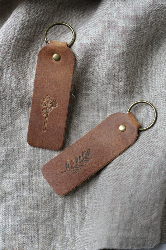 tan leather engraved key ring