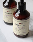 lavender hand wash and hand lotion in amber bottle