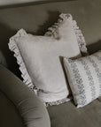 frilled linen cushion available in natural and thin black stripe line, comes with duck feather inner