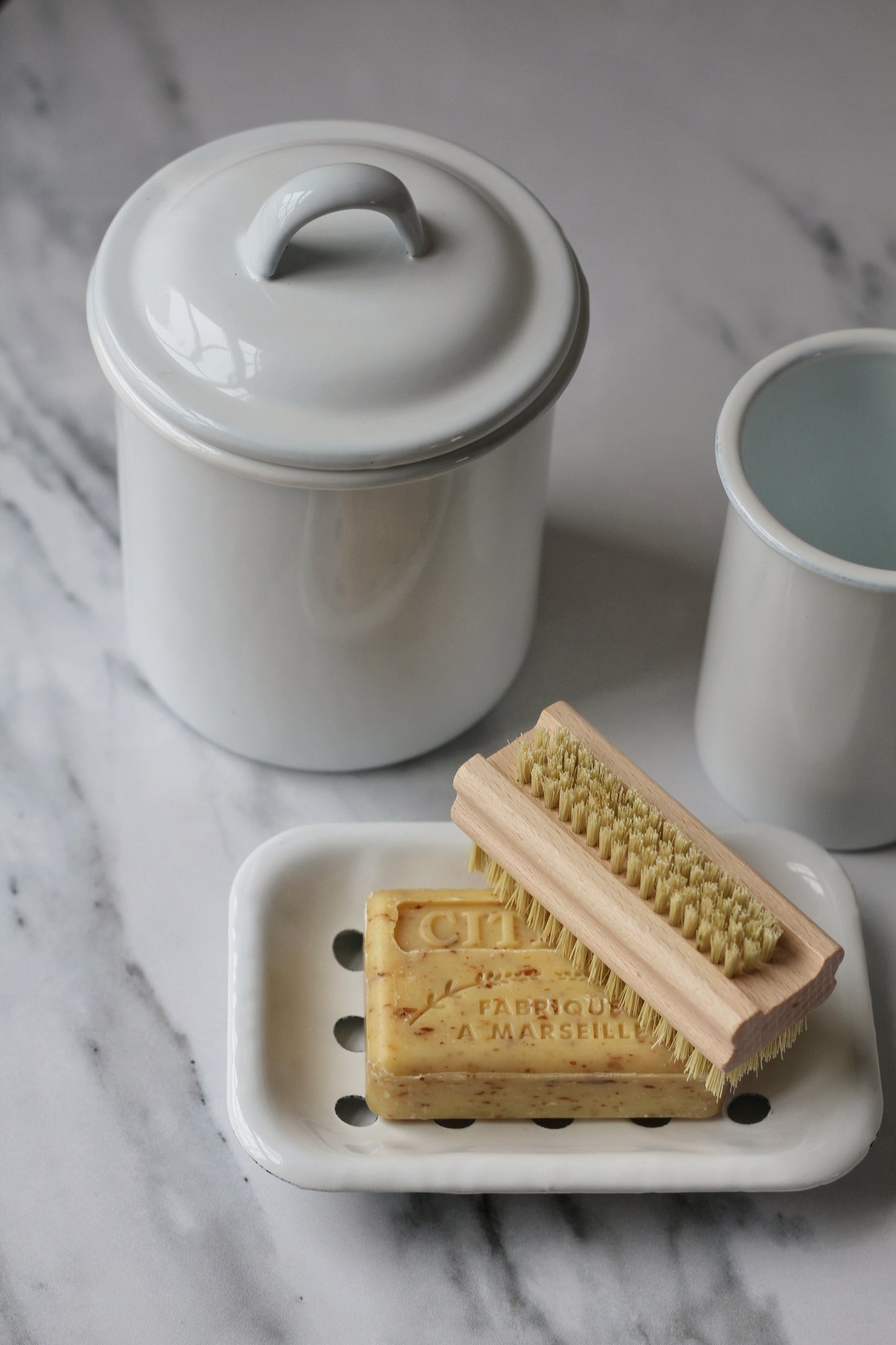 white enamel metal soap dish and drip tray