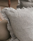 frilled linen cushion available in natural and thin black stripe line, comes with duck feather inner