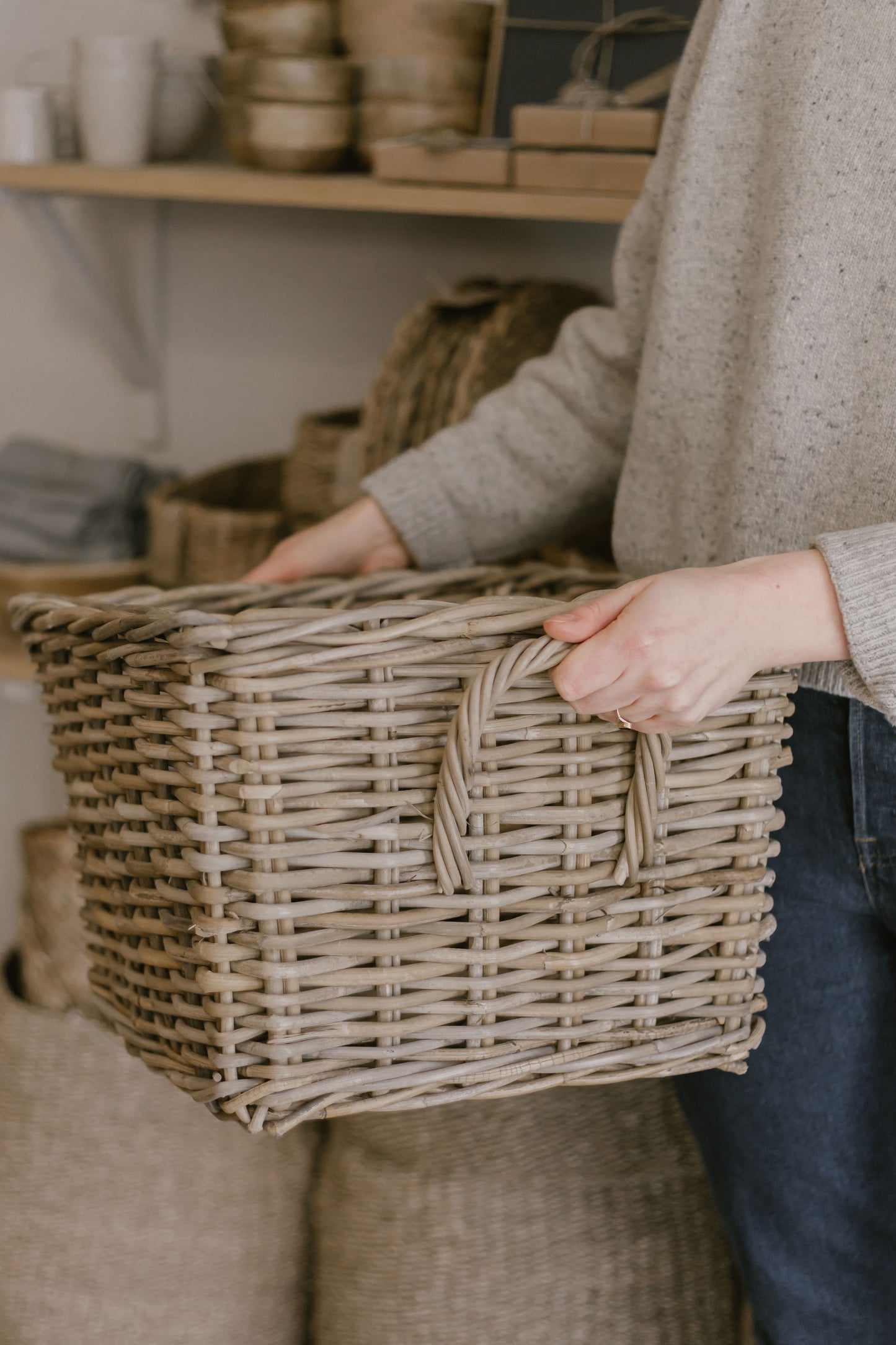 rattan square basket with handles