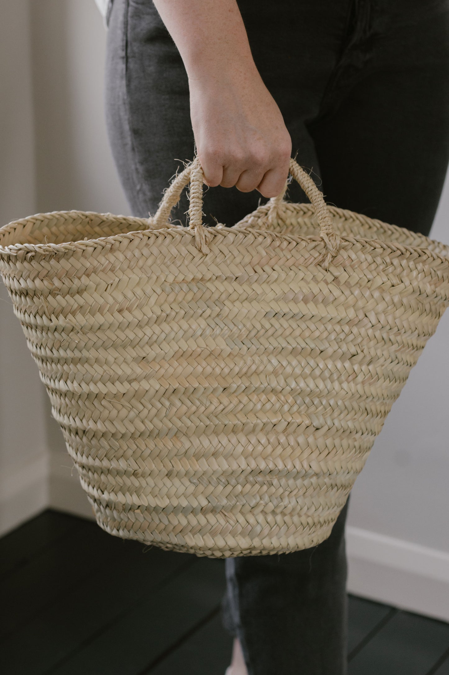 small palm leaf basket with handles 