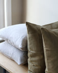 100% linen cushion with feather inner available in olive and natural