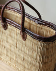 palm leaf box shopping bag with dark leather trim