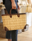 palm leaf box shopping bag with dark leather trim