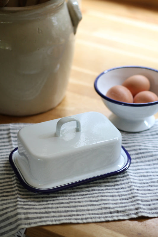 white enamel butter dish