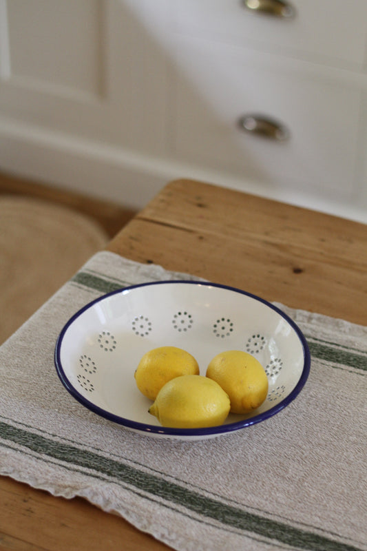 low white enamel bowl with flower detail