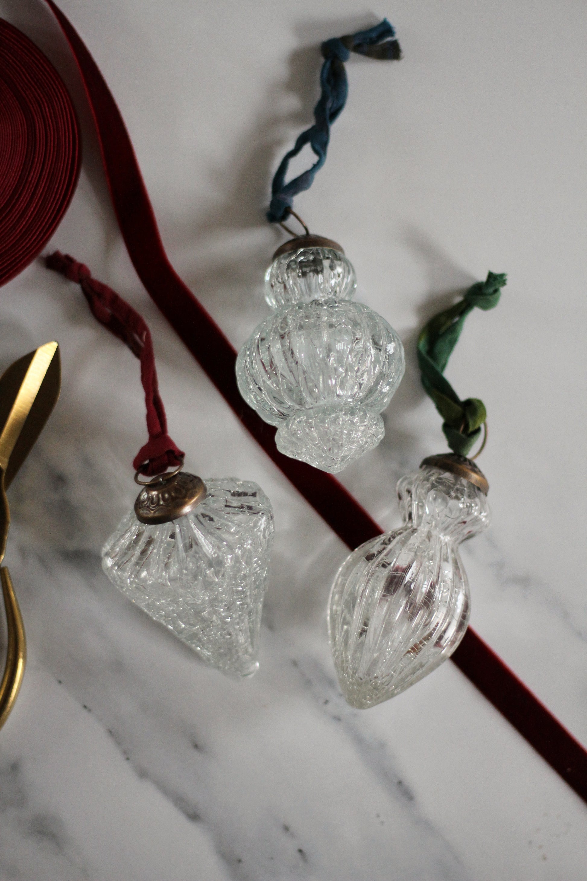 set of three glass bauble vintage shapes 