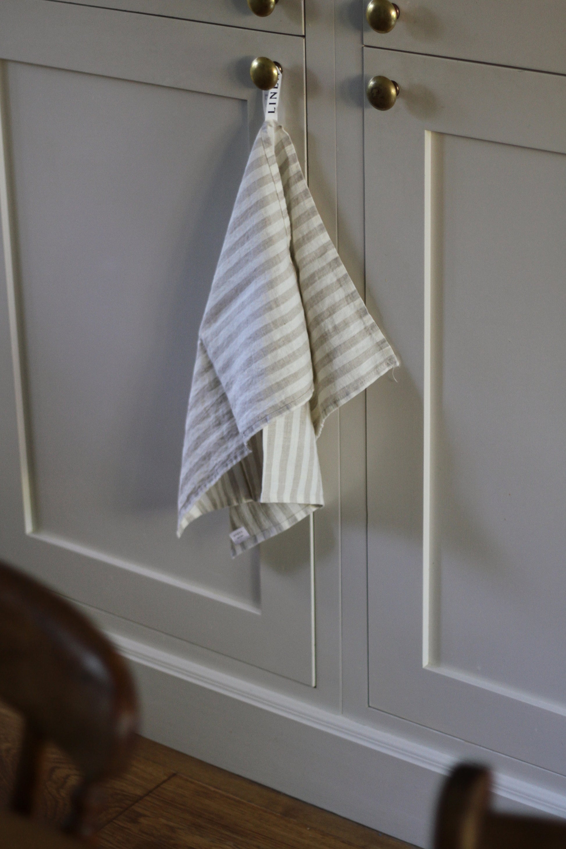 beige stripe linen tea towel 