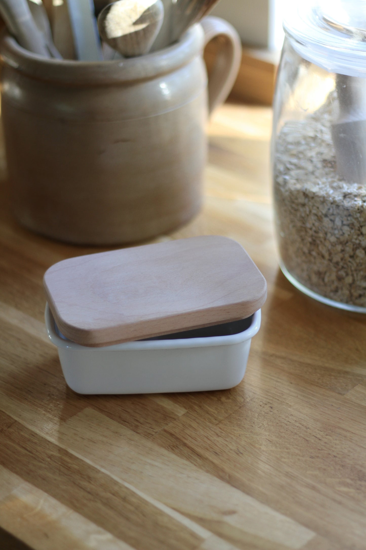 Enamel Butter Dish with Wooden Lid