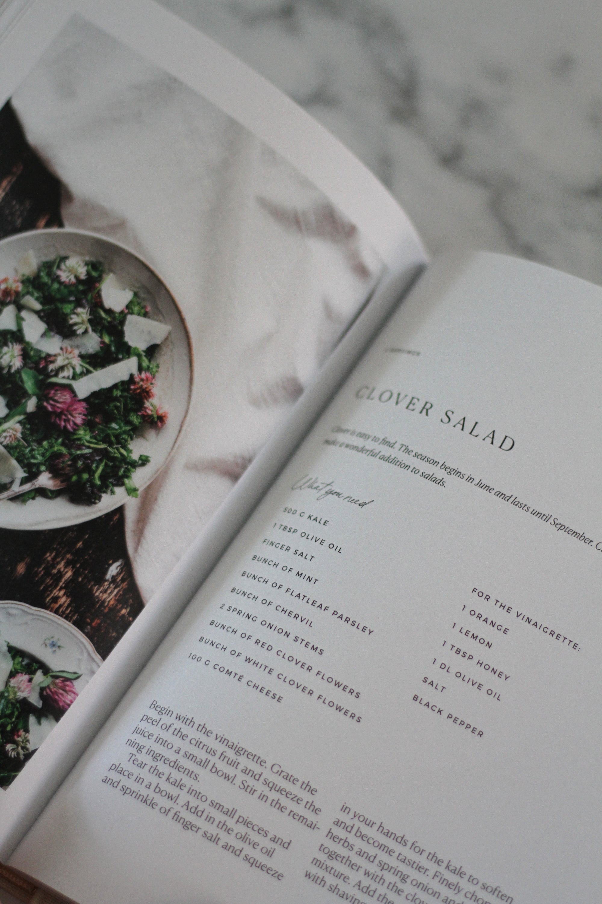 Open cookbook showing a salad recipe with a bowl of salad on a marble surface