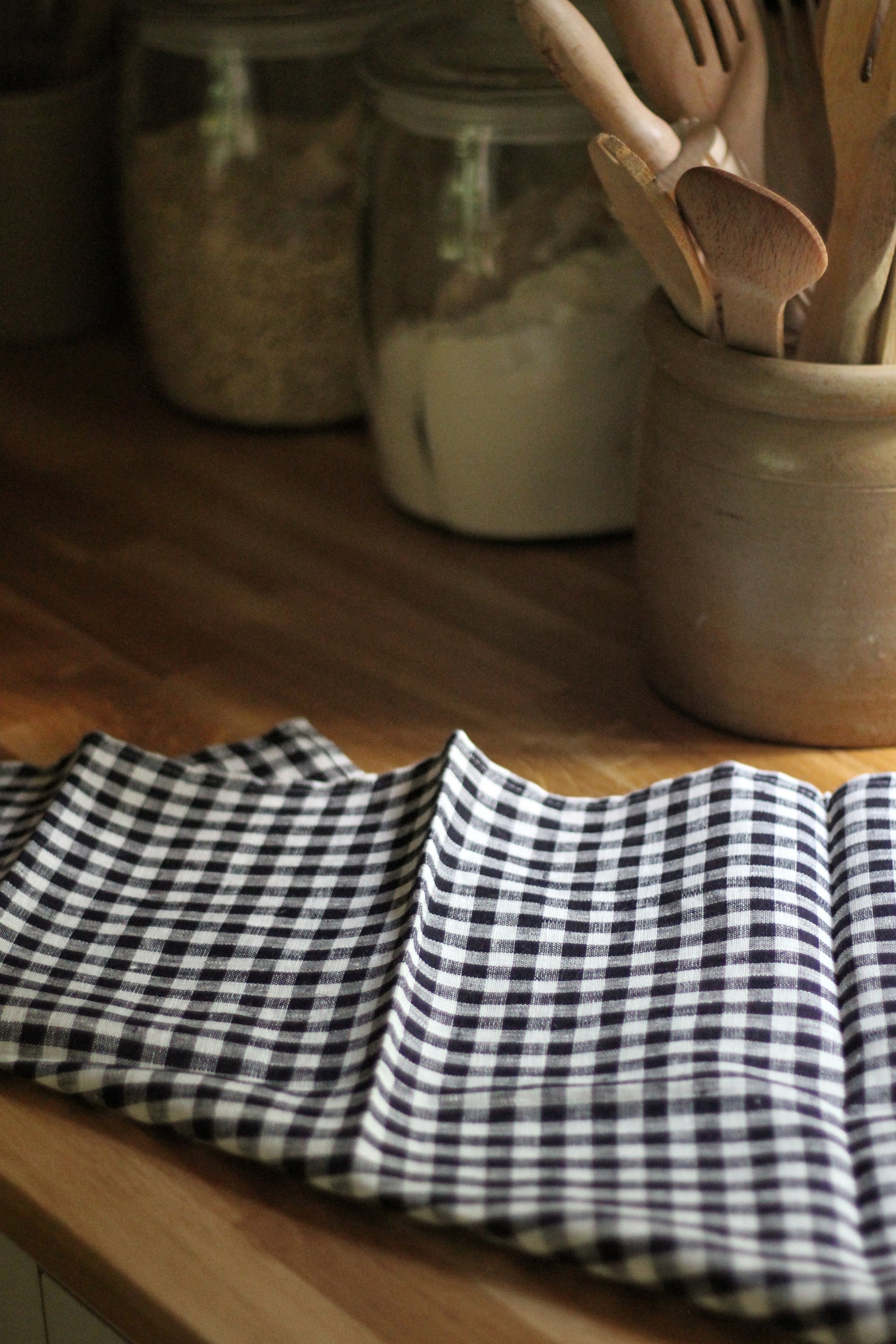 linen tea towel in a navy gingham