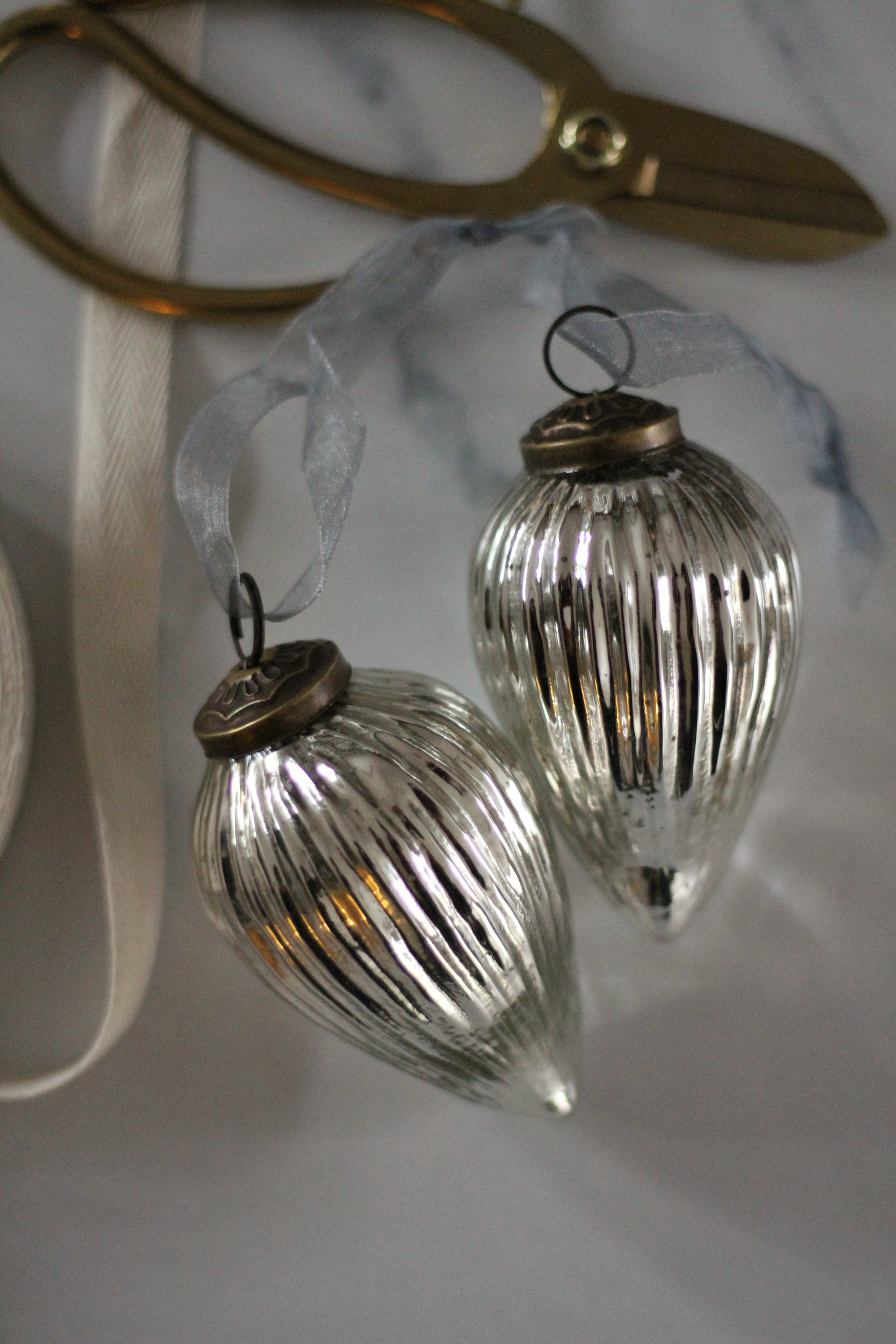 ribbed silver cone shaped glass bauble 