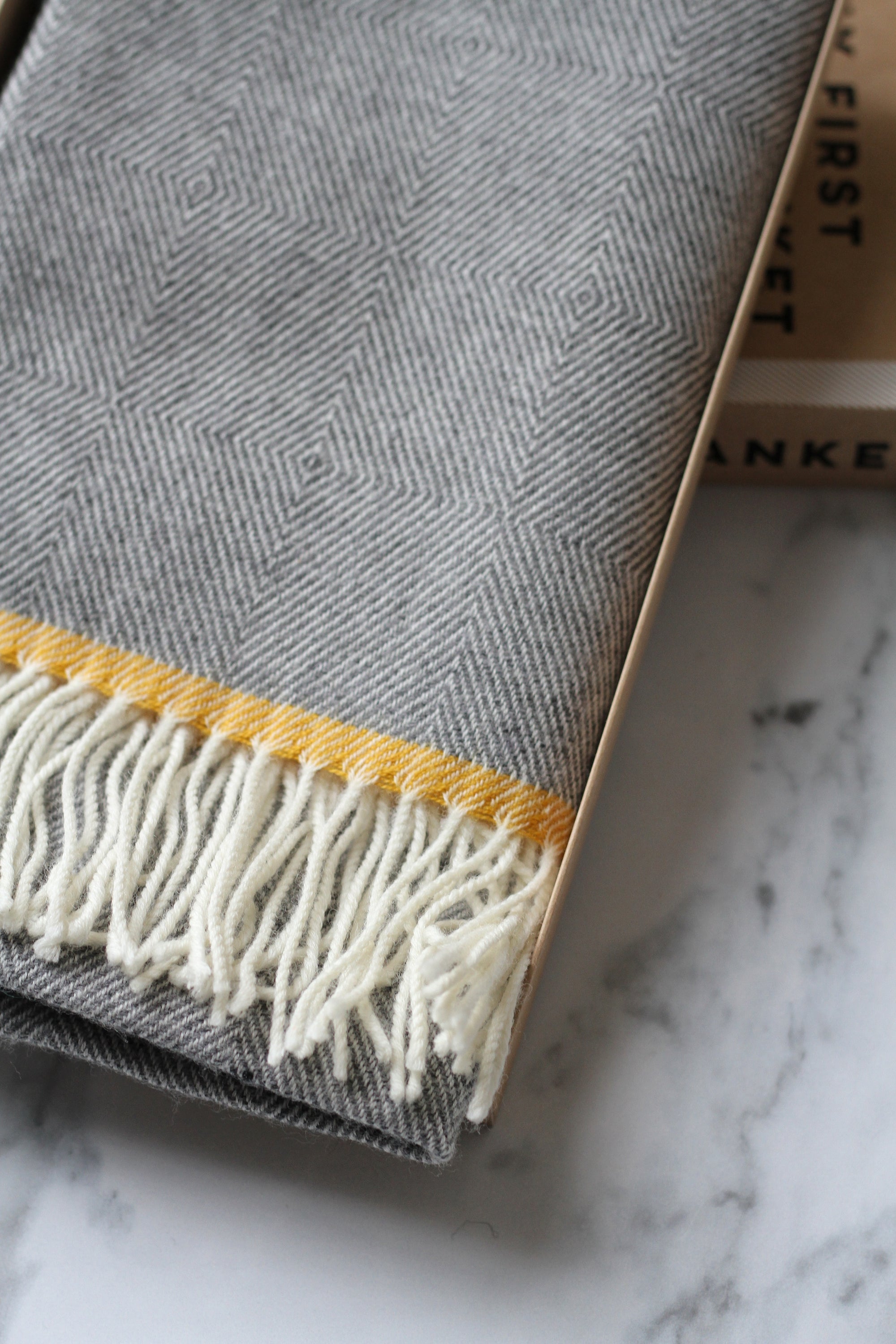 merino wool grey and yellow gift boxed baby blanket