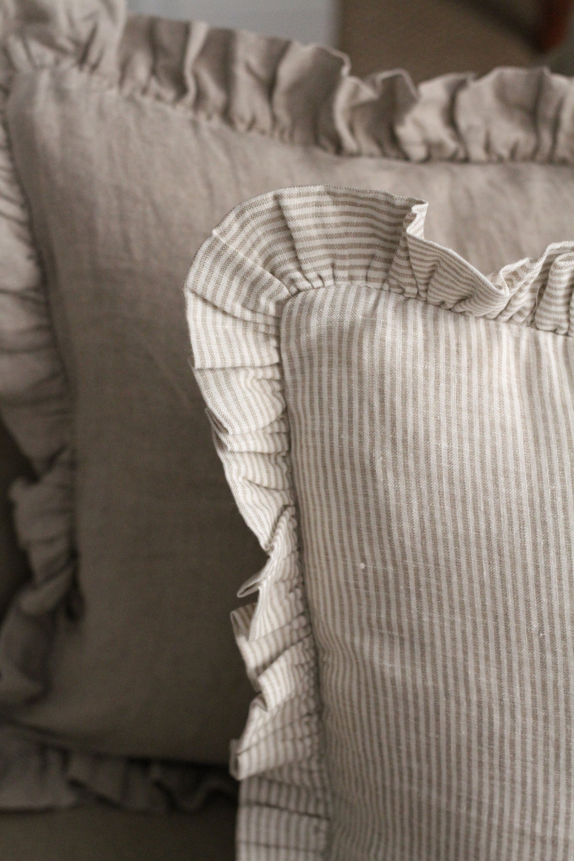 beige stripe frilled linen cushion