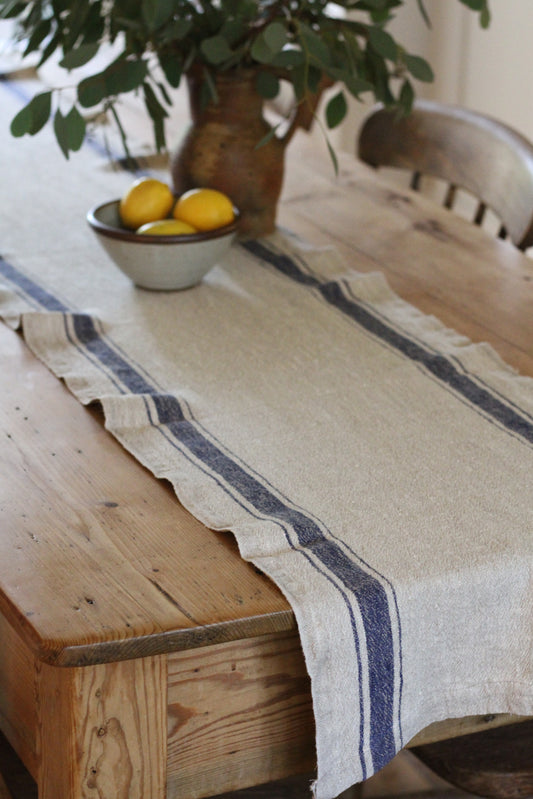 rustic linen table runner with blue stripe 