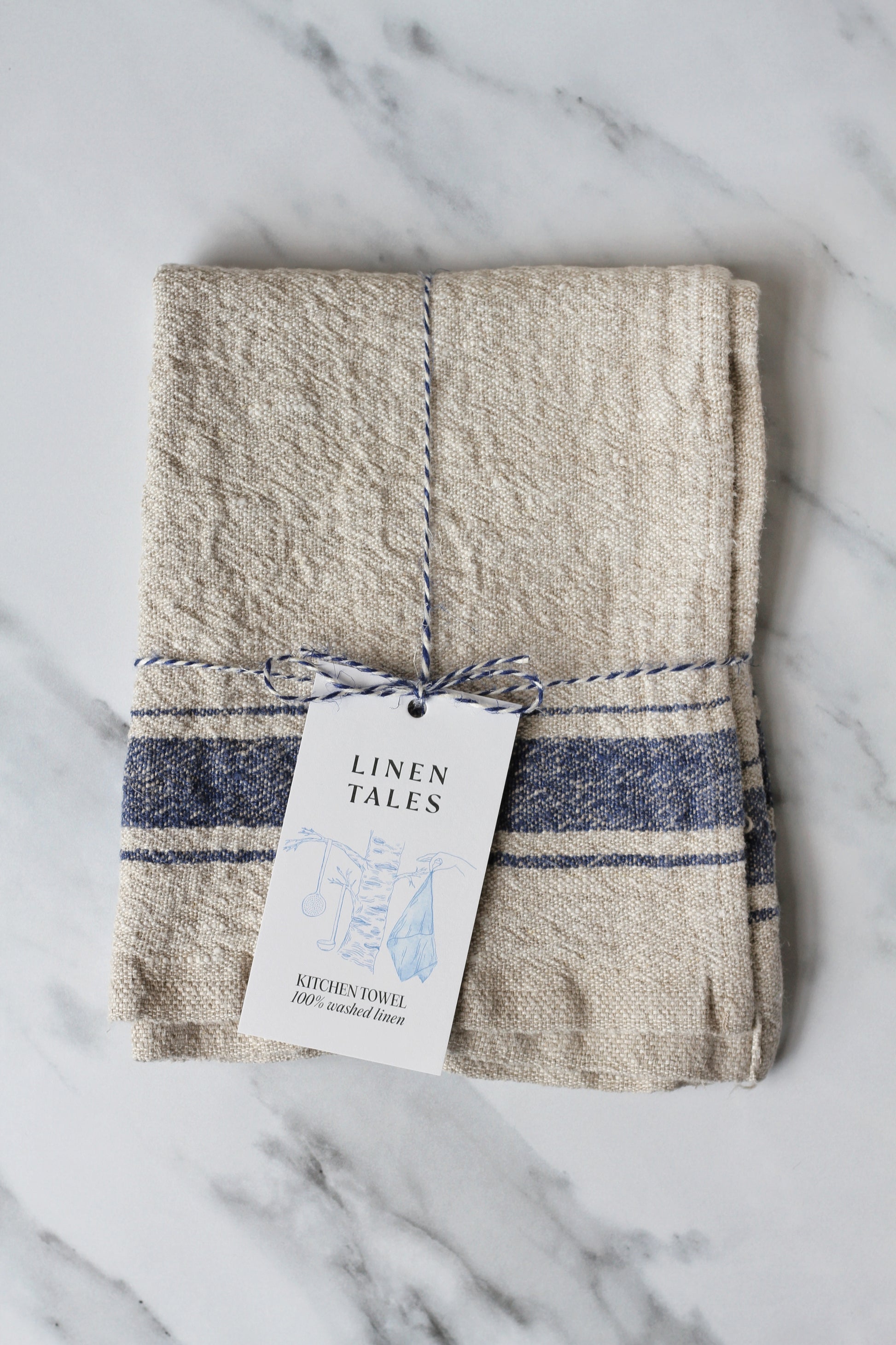 rustic linen tea towel with blue stripe. french style