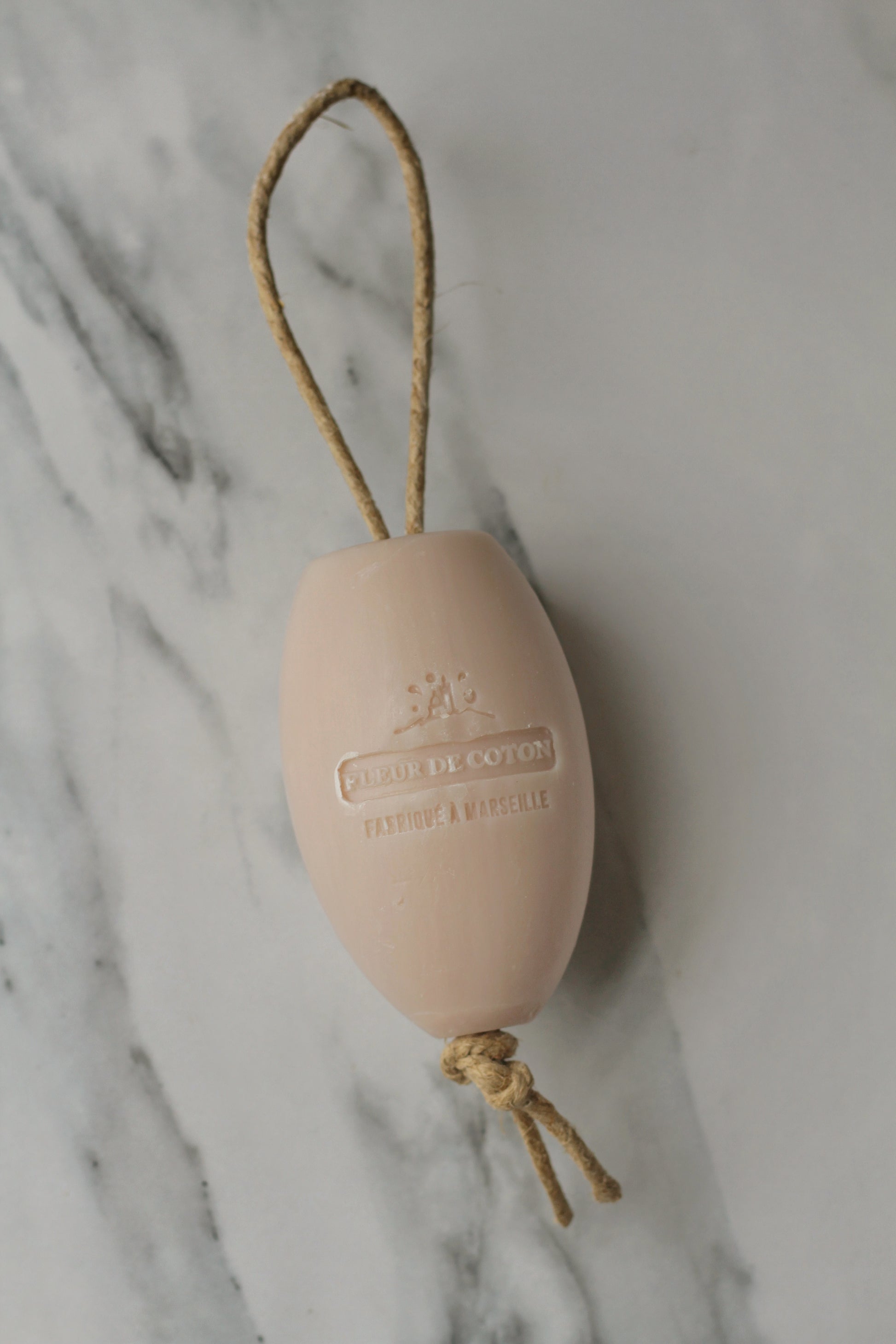 cotton scented soap on a rope, made in france.