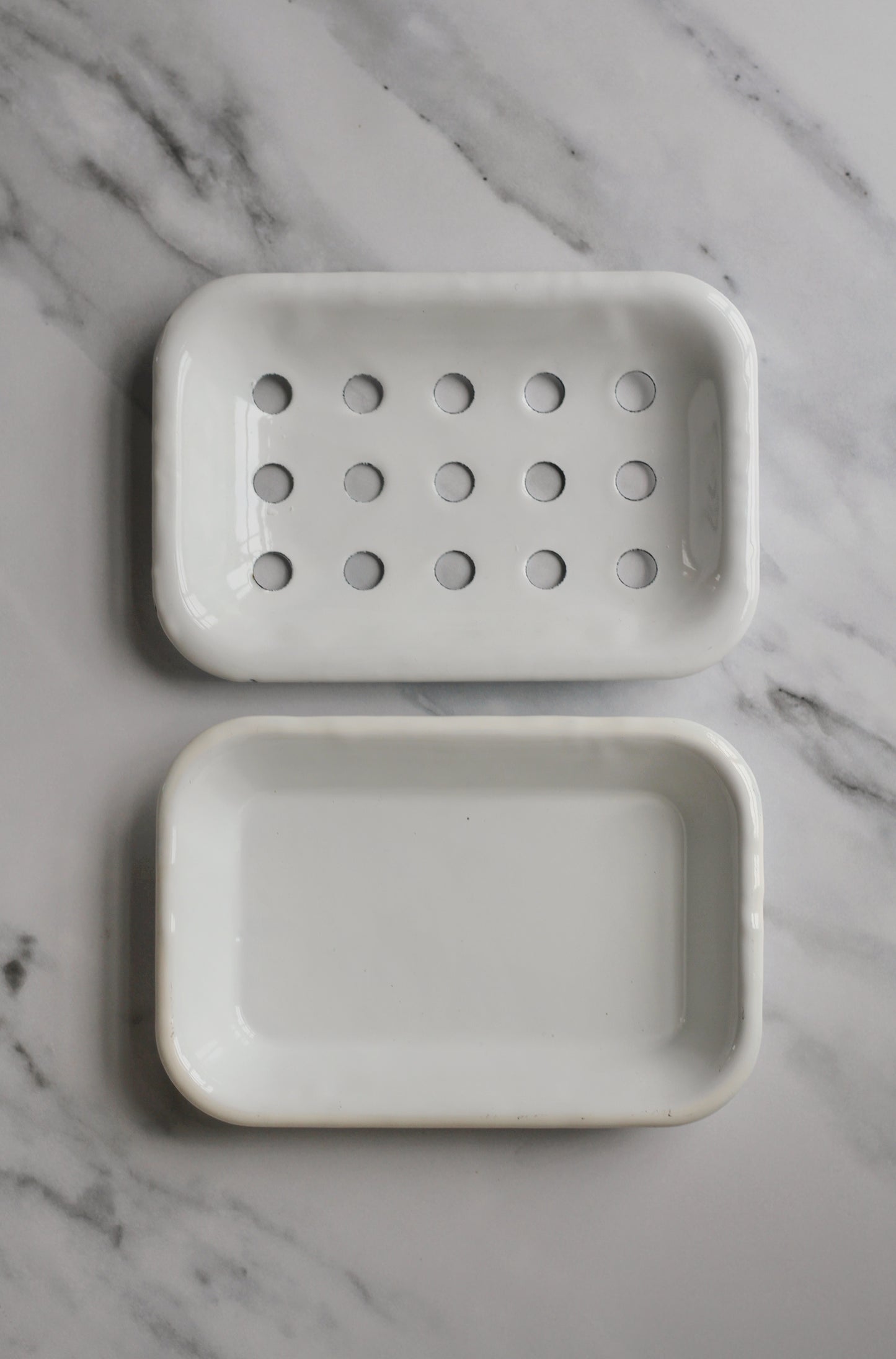 white enamel metal soap dish and drip tray