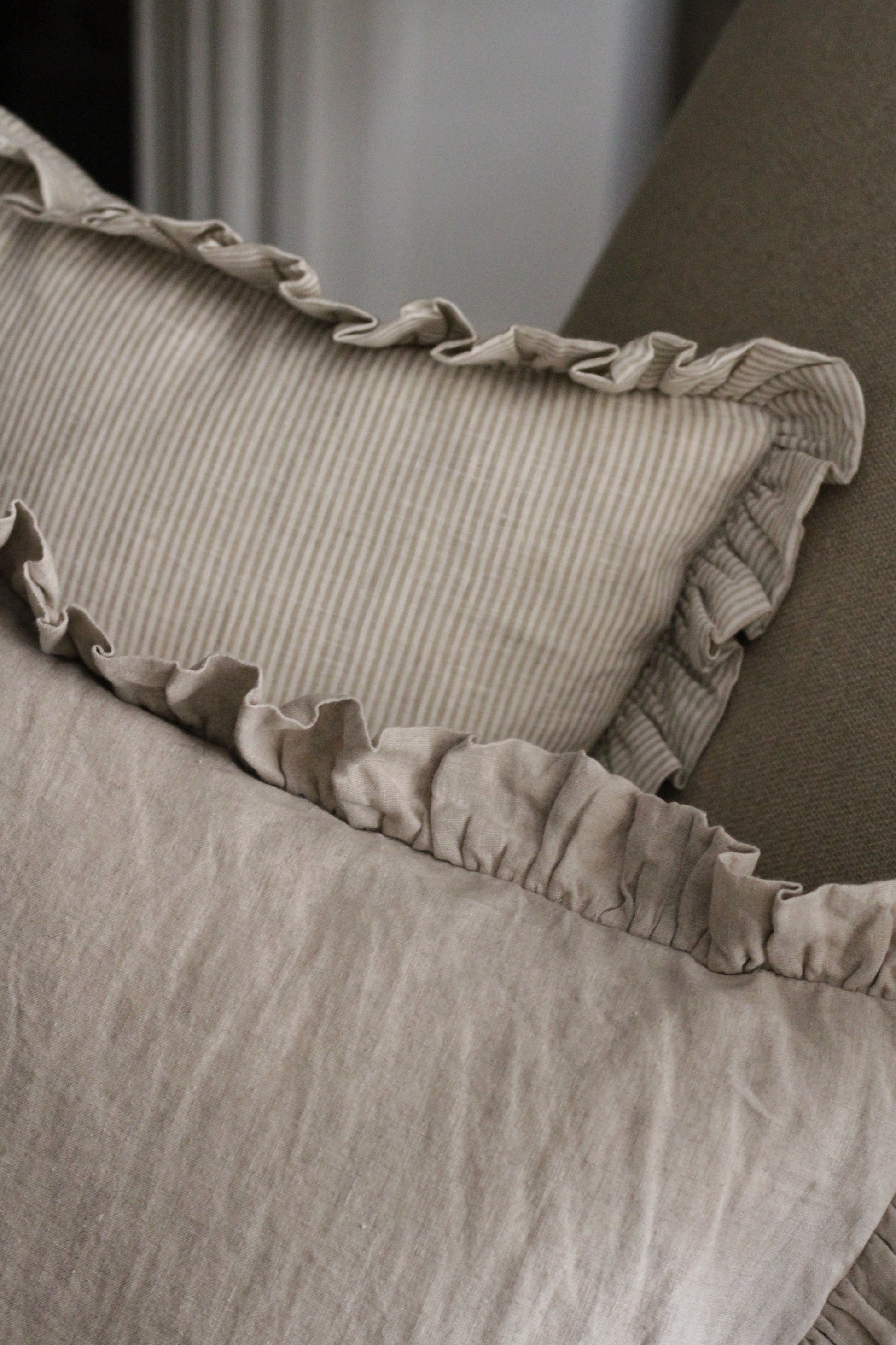beige stripe frilled linen cushion