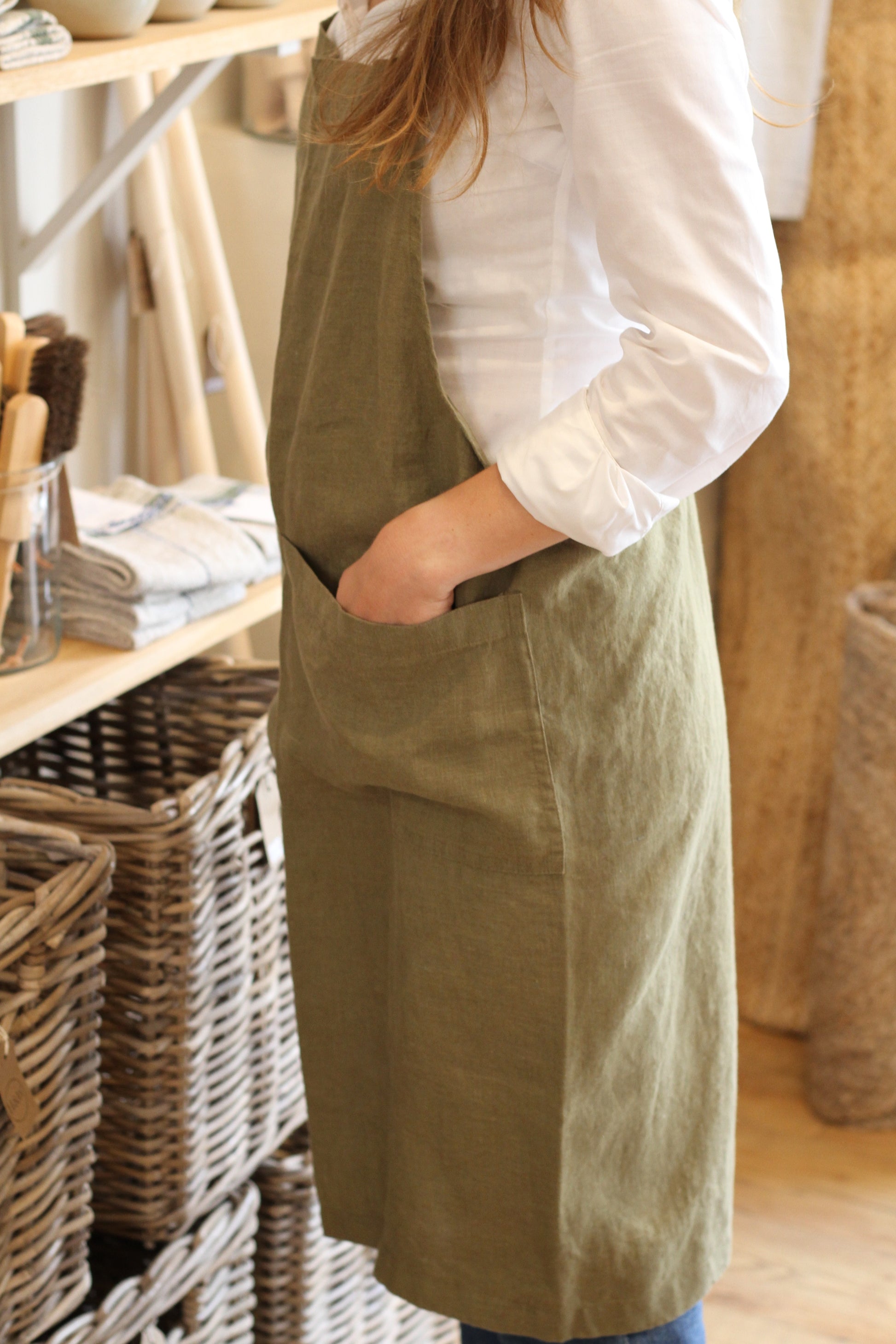 olive green linen cross back apron