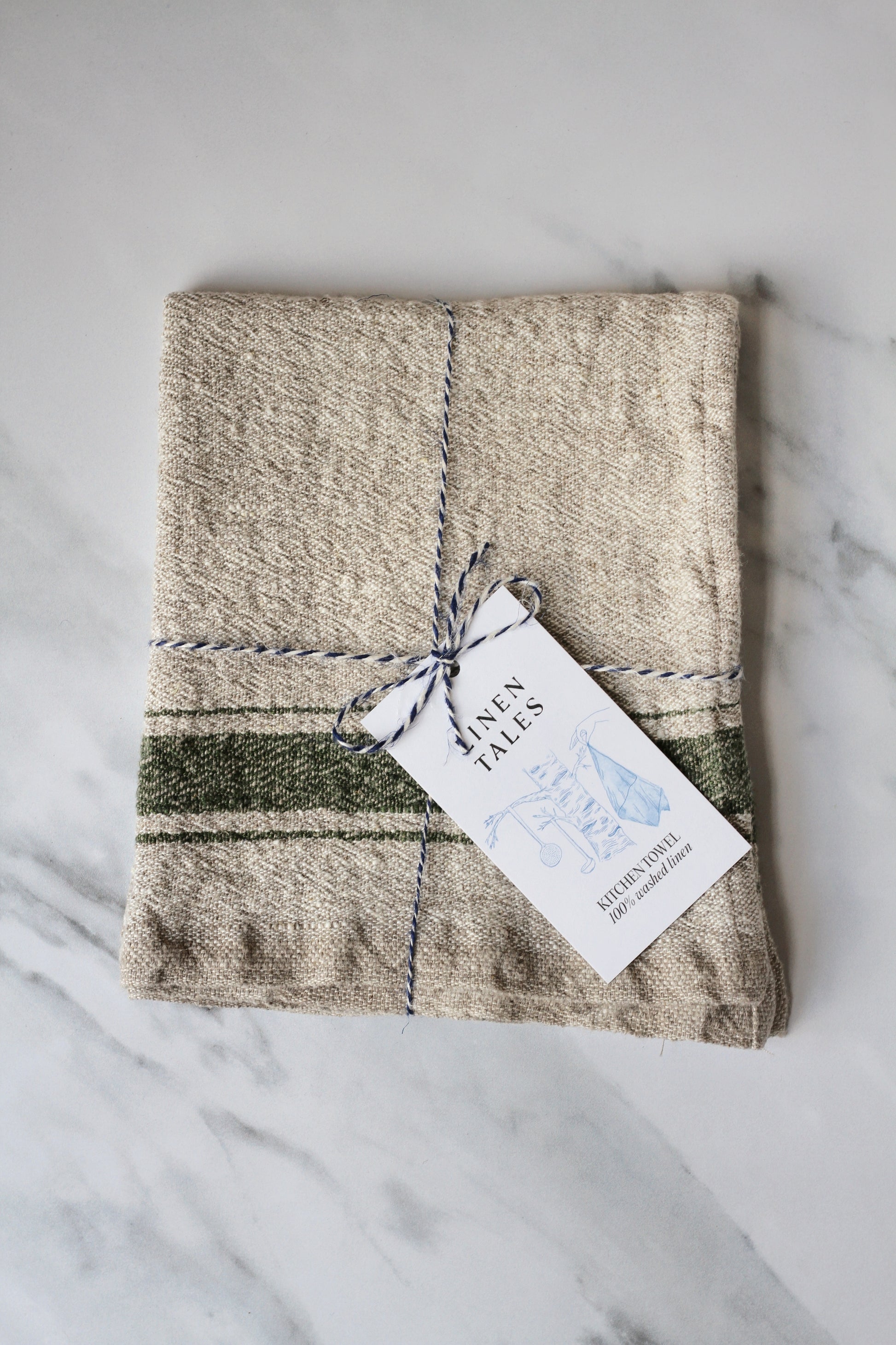 linen tea towel with rustic green stripe, french style.