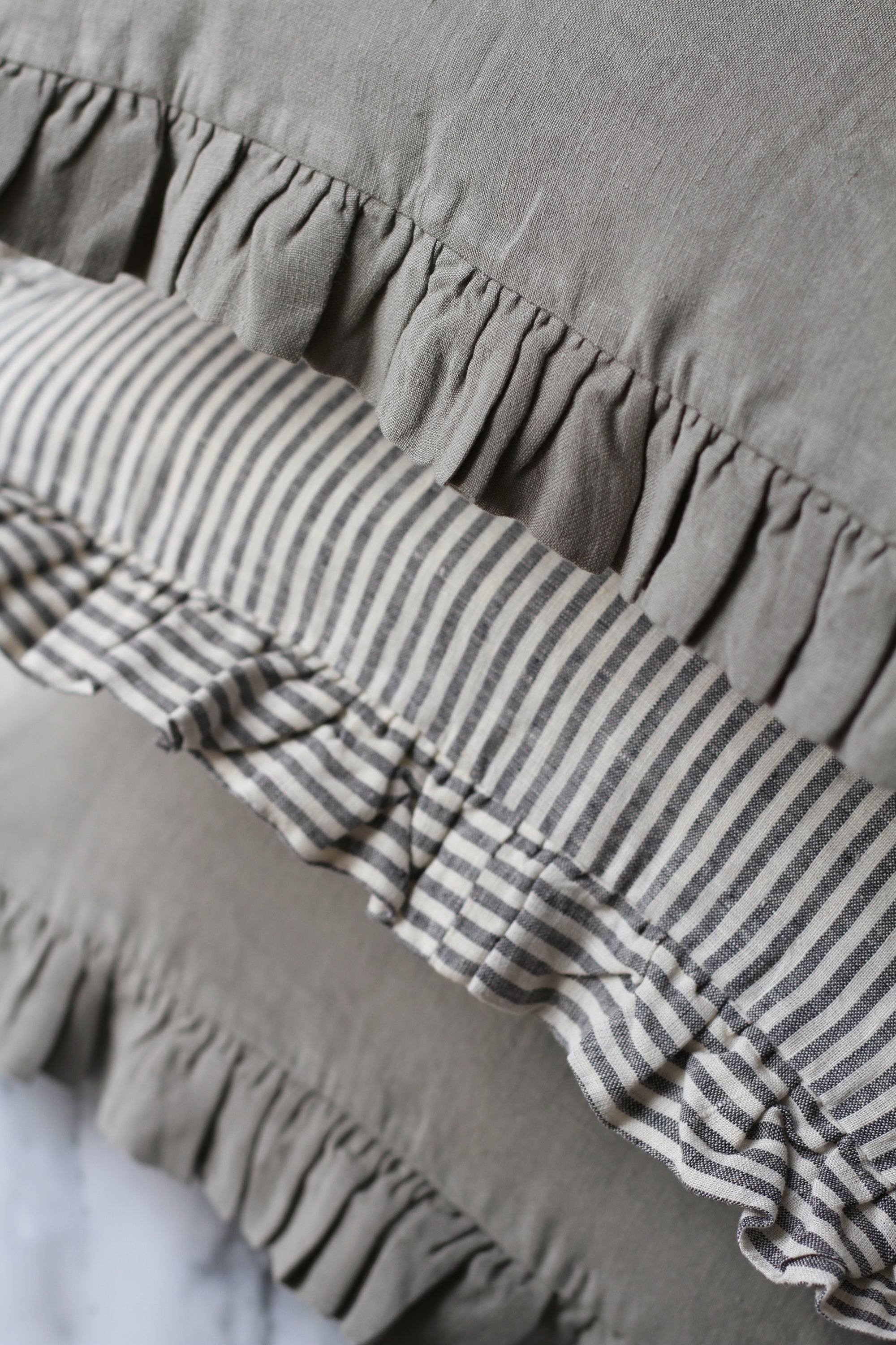 grey linen frilled cushion cover