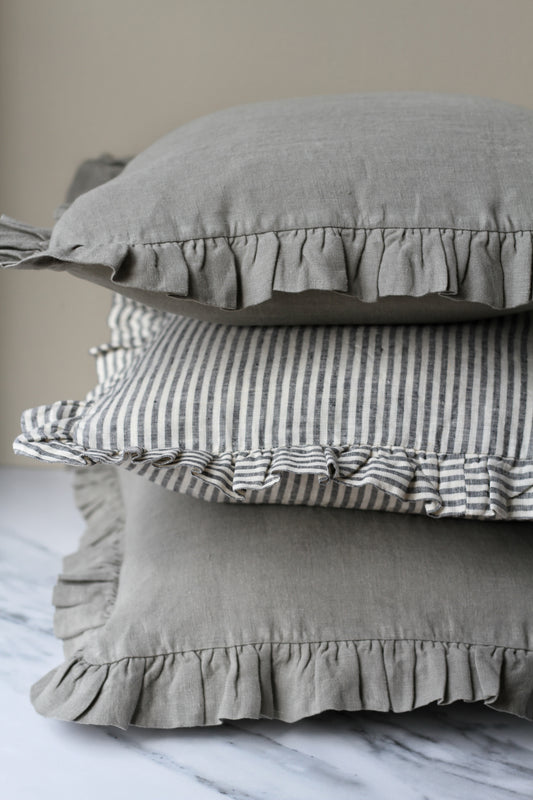 grey linen frilled cushion cover