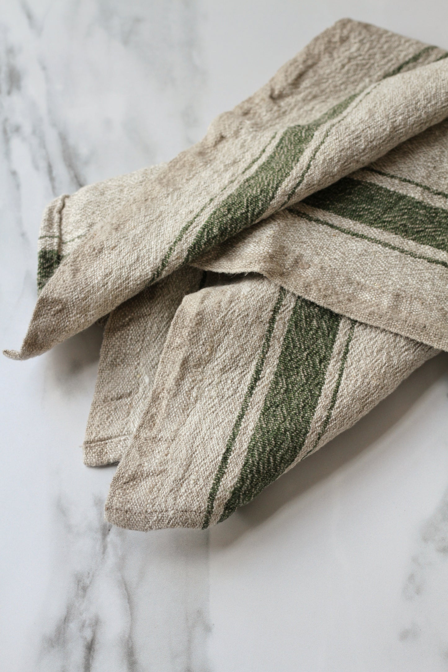 linen tea towel with rustic green stripe, french style.