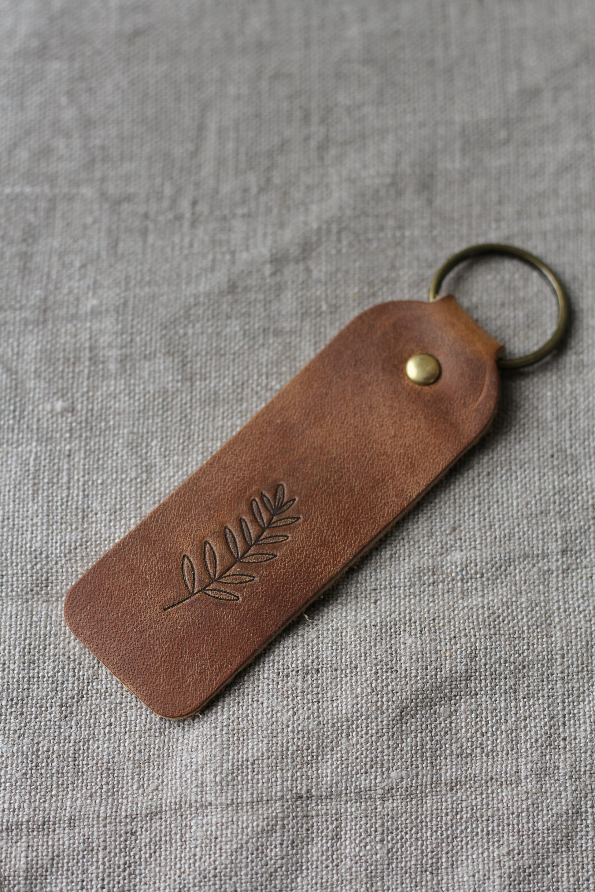 tan leather engraved key ring