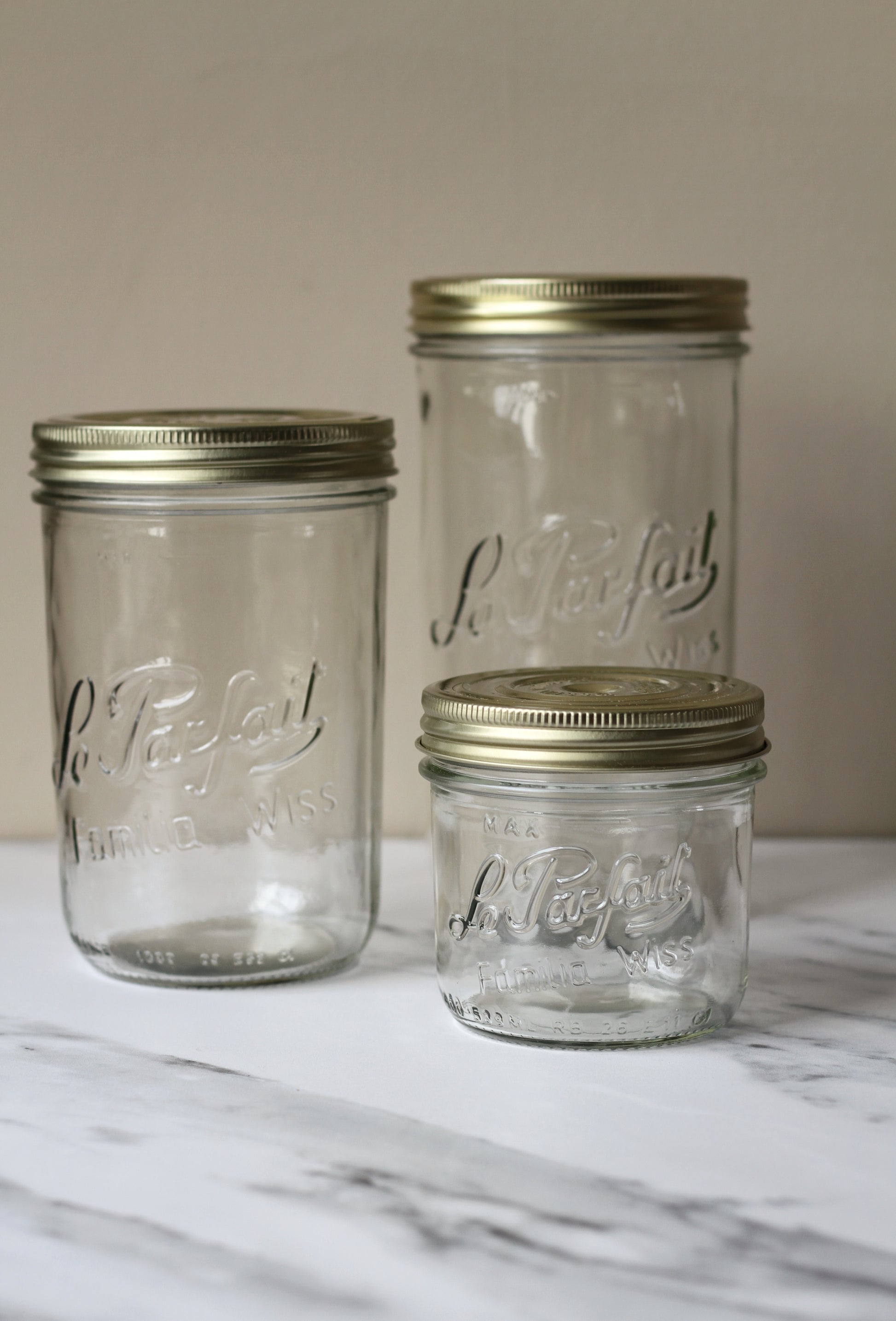 le parfait glass jar with gold twist lid, old fashioned style 