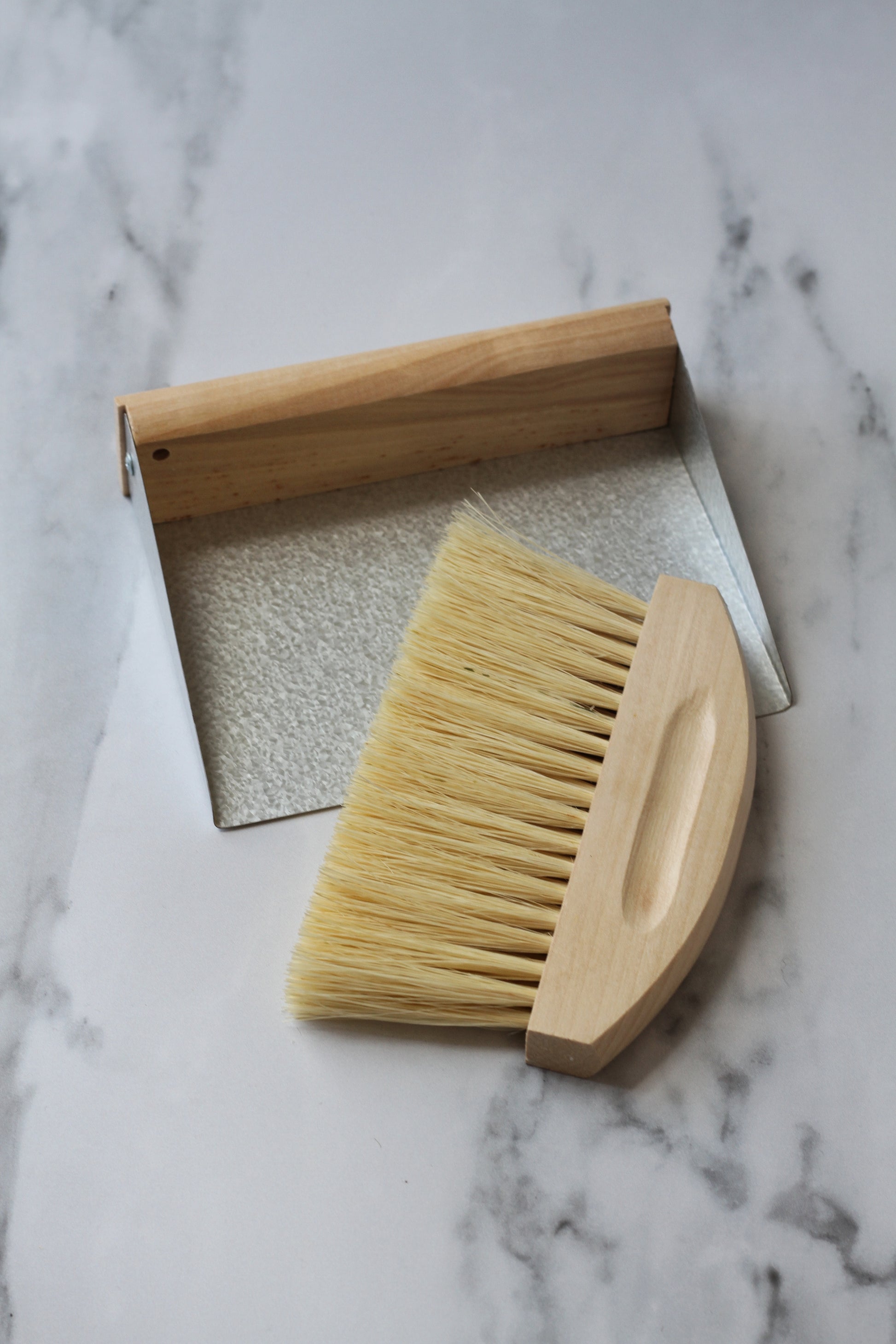 wood and metal table brush and pan set magnetic to keep them stored away together