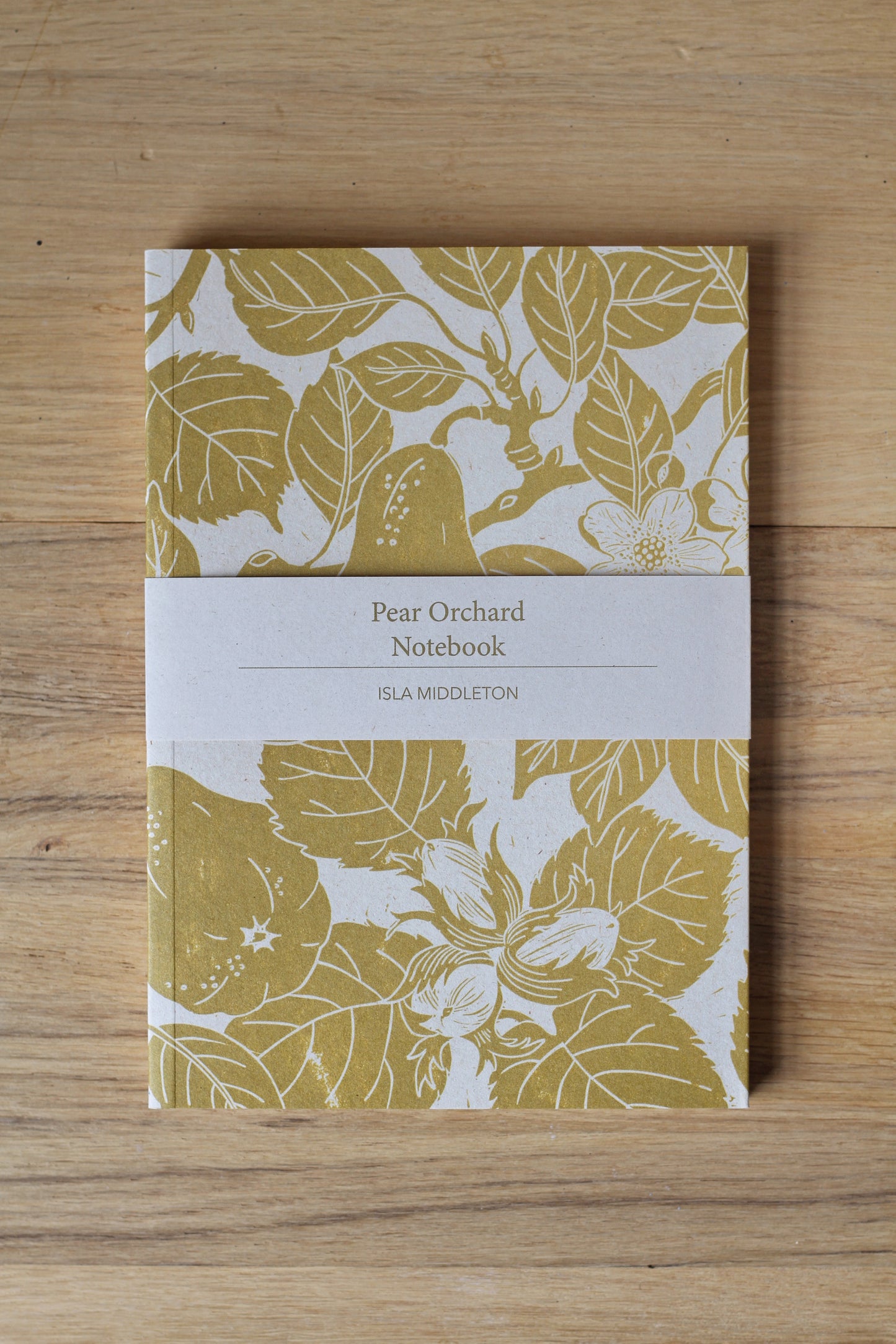 isla middleton notebook qrinted from an original lino print of pears colour is ochre 