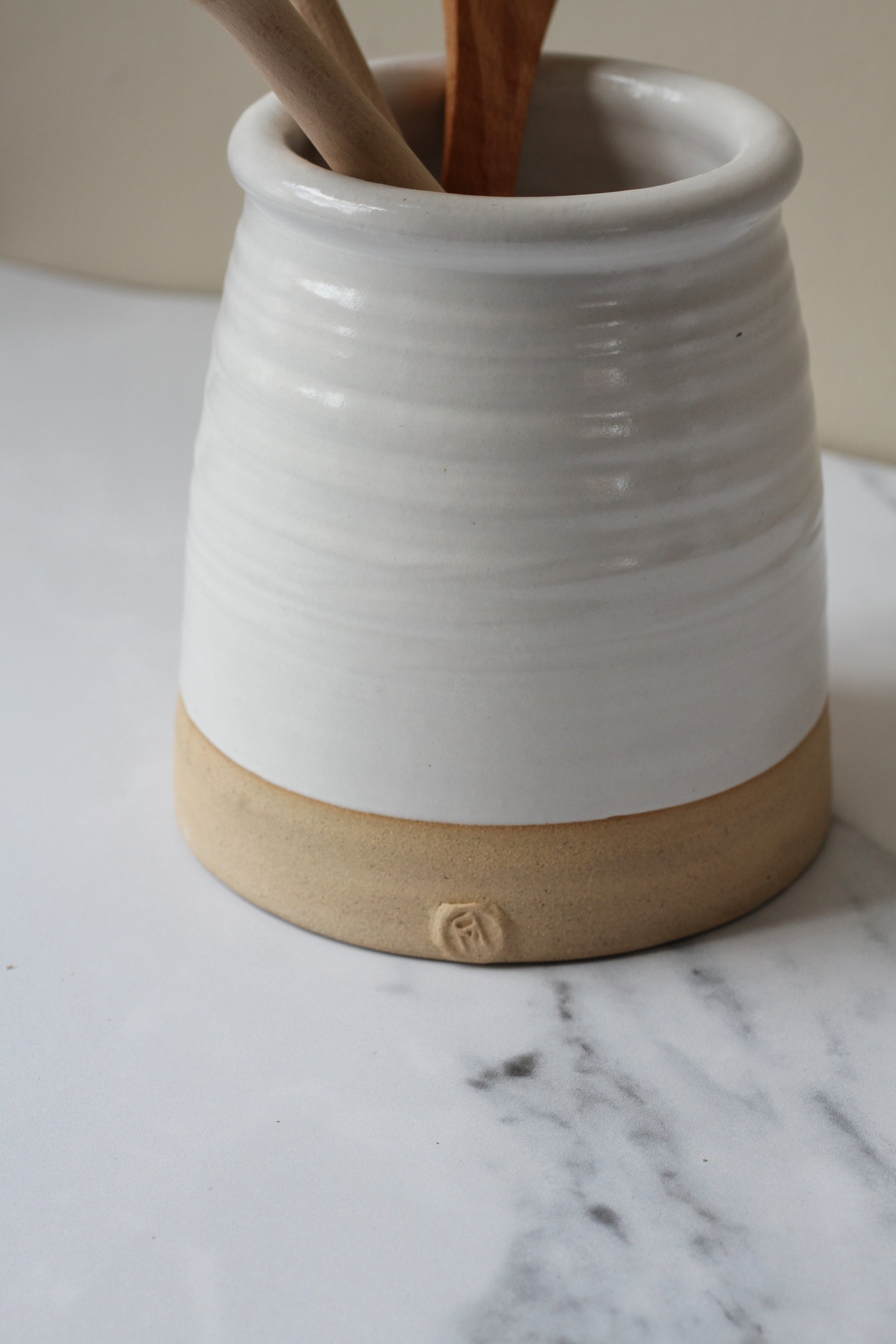 handmade stoneware utensil pot with white glaze made in england