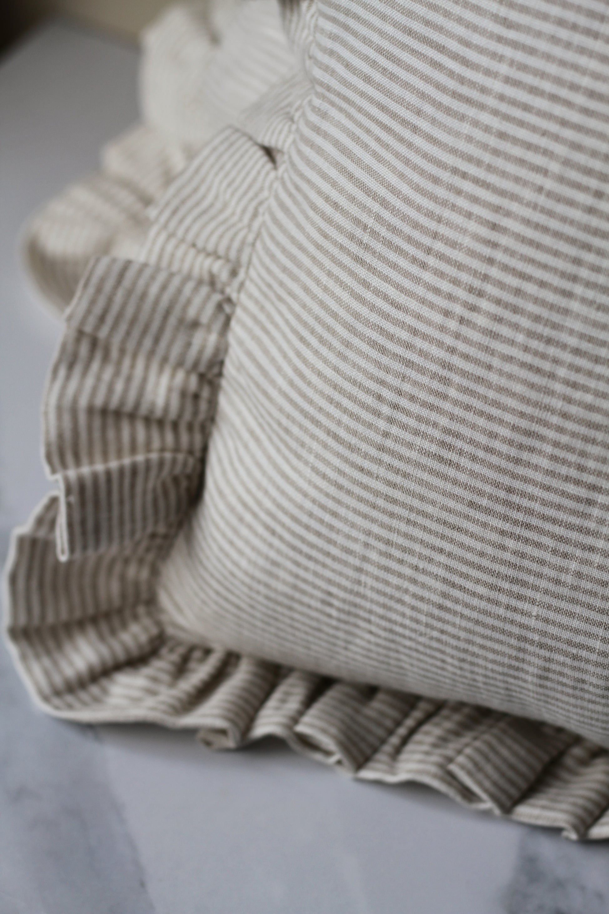 natural striped frilled linen cushion cover and duck feather inner 