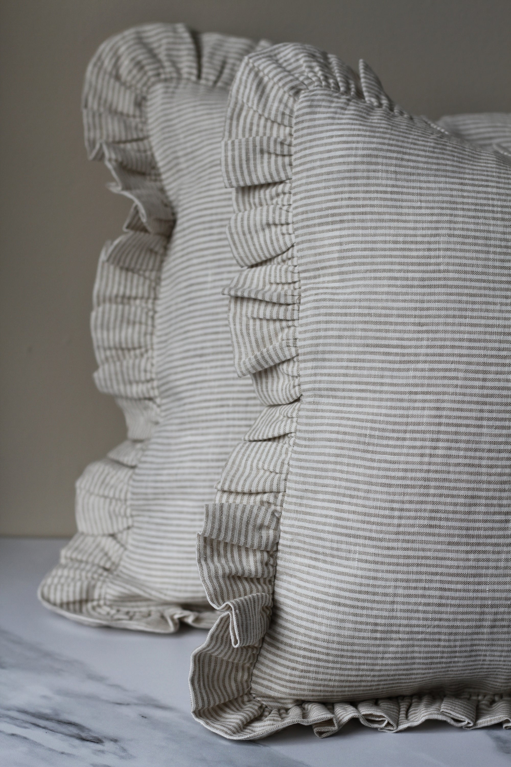natural striped frilled linen cushion cover and duck feather inner 
